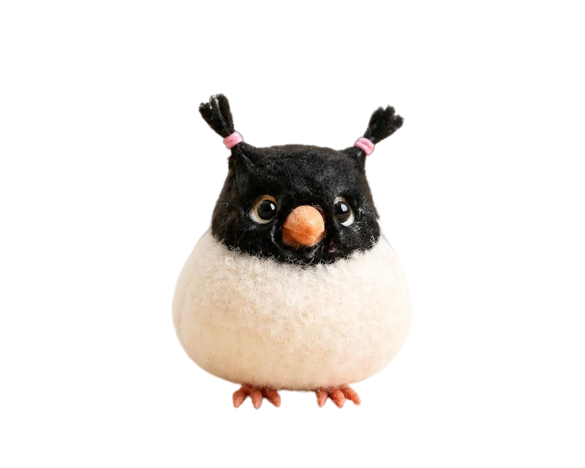 Handmade Needle Felted Black and White Bird Plush Figurine
